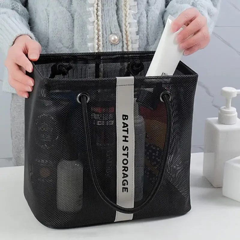 sac de toilette en maille avec poignée, grande capacité, séchage rapide, organisateur, panier de rangement portable pour salle de bain, douche, voyage