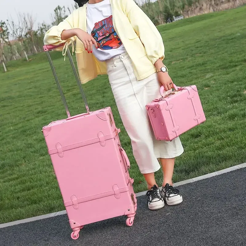 valise à roulettes en cuir pu rétro pour filles, bagage à main, cabine rose, ensemble de bagages de voyage pour femme, 20 po, 2 pièces