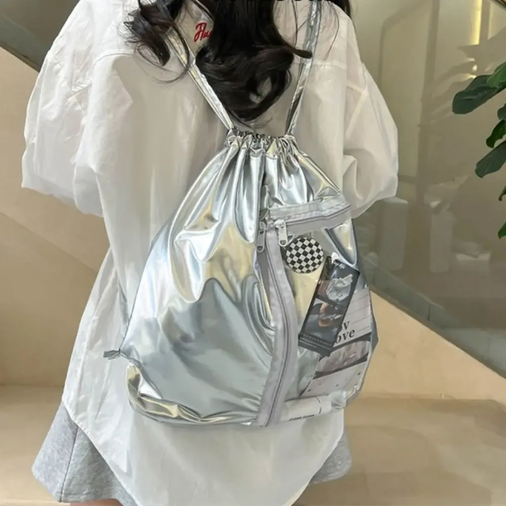 sac à dos transparent à cordon de serrage en pu argenté, grande capacité, style coréen, itabag, design tendance, sac à bandoulière léger
