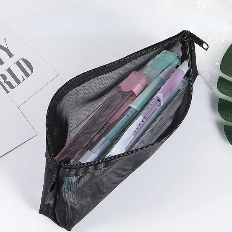 trousse de maquillage grise et noire, grande capacité, maille transparente, sacs pour pinceaux cosmétiques, étudiants, couleur unie, fermeture éclair, trousse à crayons en nylon