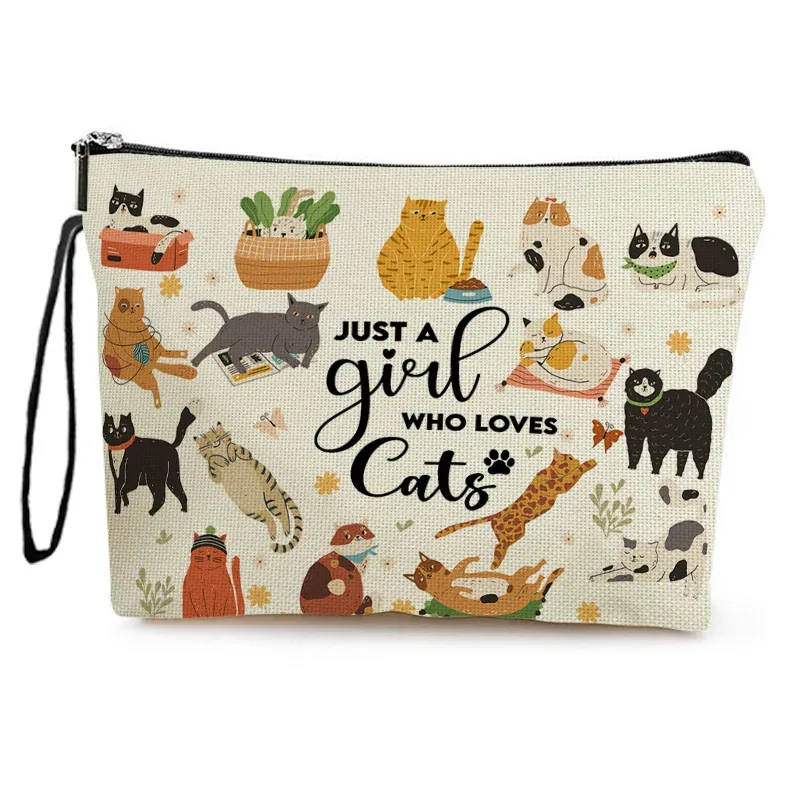 sac de maquillage chat mignon de dessin animé pour femmes, pochette de rangement multifonctionnelle, sac de lavage à fermeture éclair pour cosmétiques, sac de maquillage portable simple de voyage