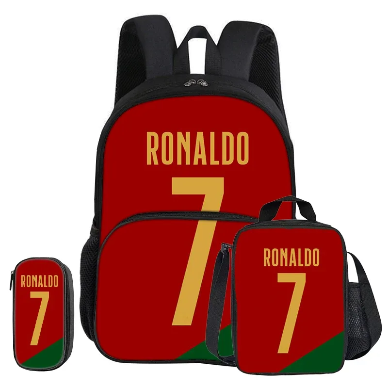ensemble ronaldo 3 pièces avec sac à dos à poche frontale, sac isotherme pour le sport et le football, et trousse à crayons cr football star