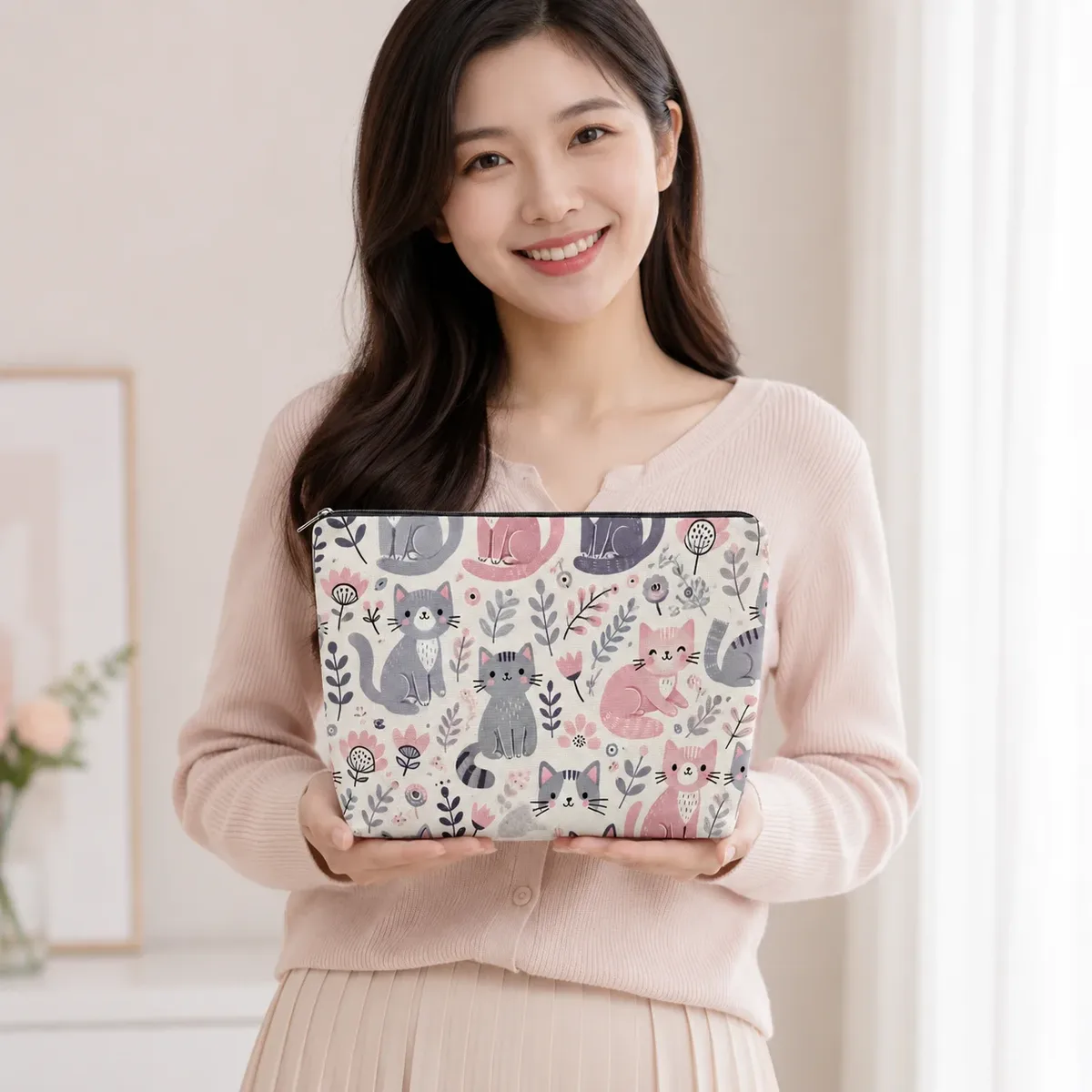 trousse de maquillage florale mignonne en toile imprimée chaton de dessin animé, pochette zippée portable de voyage pour amoureux des chats