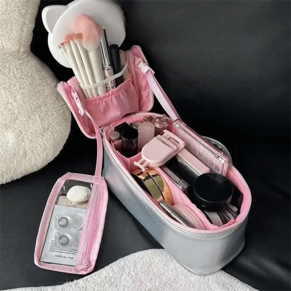 sac de maquillage en cuir pu argenté multifonctionnel grande capacité pochette de rangement cosmétique avec poignée amovible