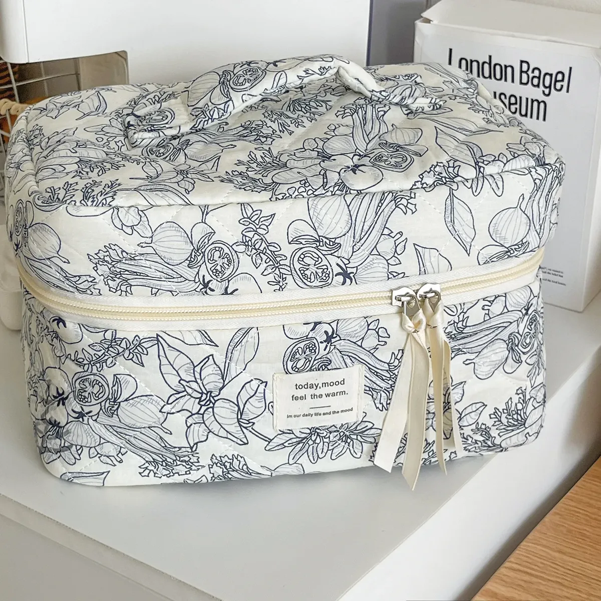 evaluflower-trousse de maquillage en coton matelassé avec fermeture éclair pour femme, sac à main pour femme, trousse de toilette portable, sac à main pour fille, voyage