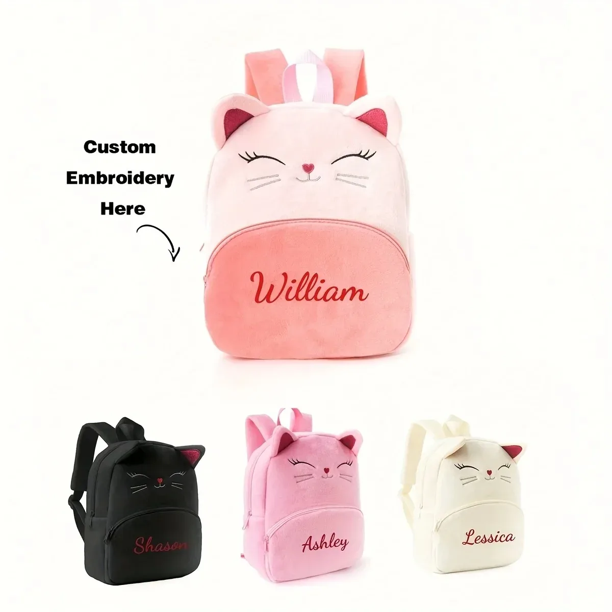 Sac à dos chat de dessin animé avec nom personnalisé pour filles, conception de texte brodé, idéal pour les voyages à l'école/à l'extérieur, sac de loisirs et retour à
