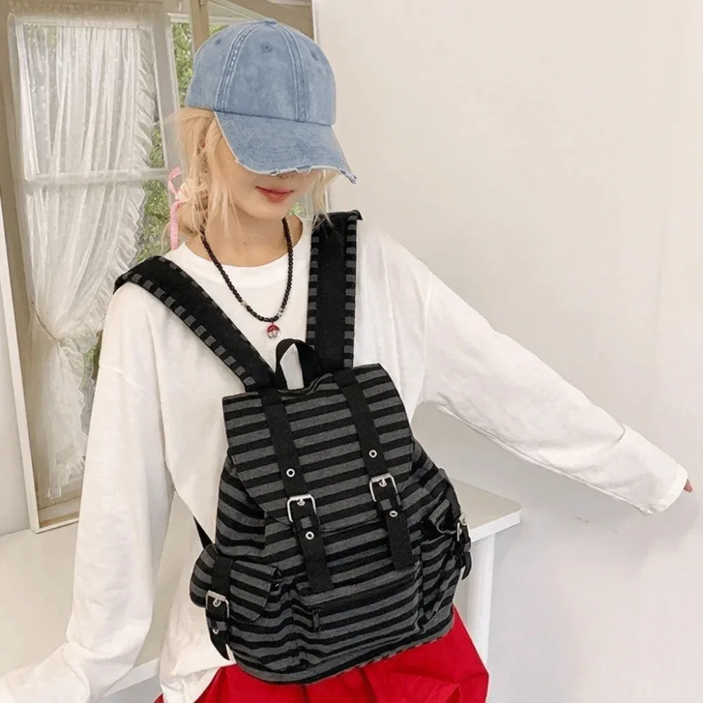 sac à dos rétro à rayures de grande capacité, style y2k, multi-poches, sac d'école pour étudiants, sac de randonnée et de camping en nylon, style coréen.