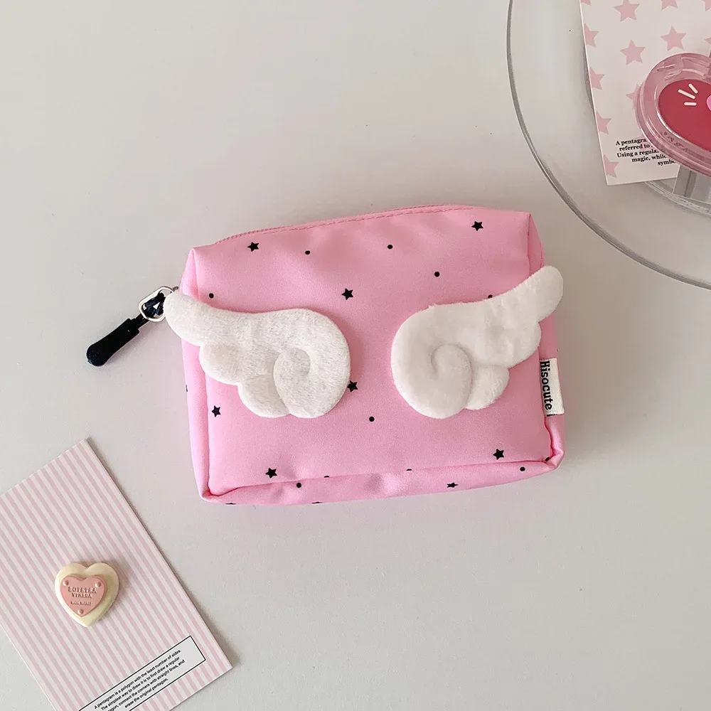 sac à main ailes pour femmes, petite trousse de maquillage, sac de rangement utile, pochette de papeterie, décor d'ange de dessin animé doux, mini sac de poche portable mignon