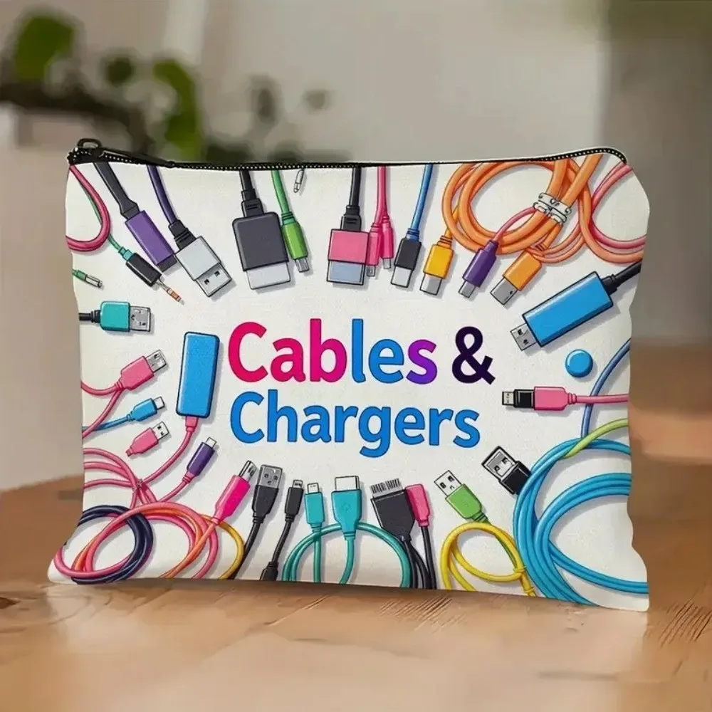 nouvelle pochette de rangement pour chargeur en toile, fermeture à glissière, design imprimé, organiseur de câbles, sac de grande capacité, organiseur de cosmétiques, utilisation en voyage