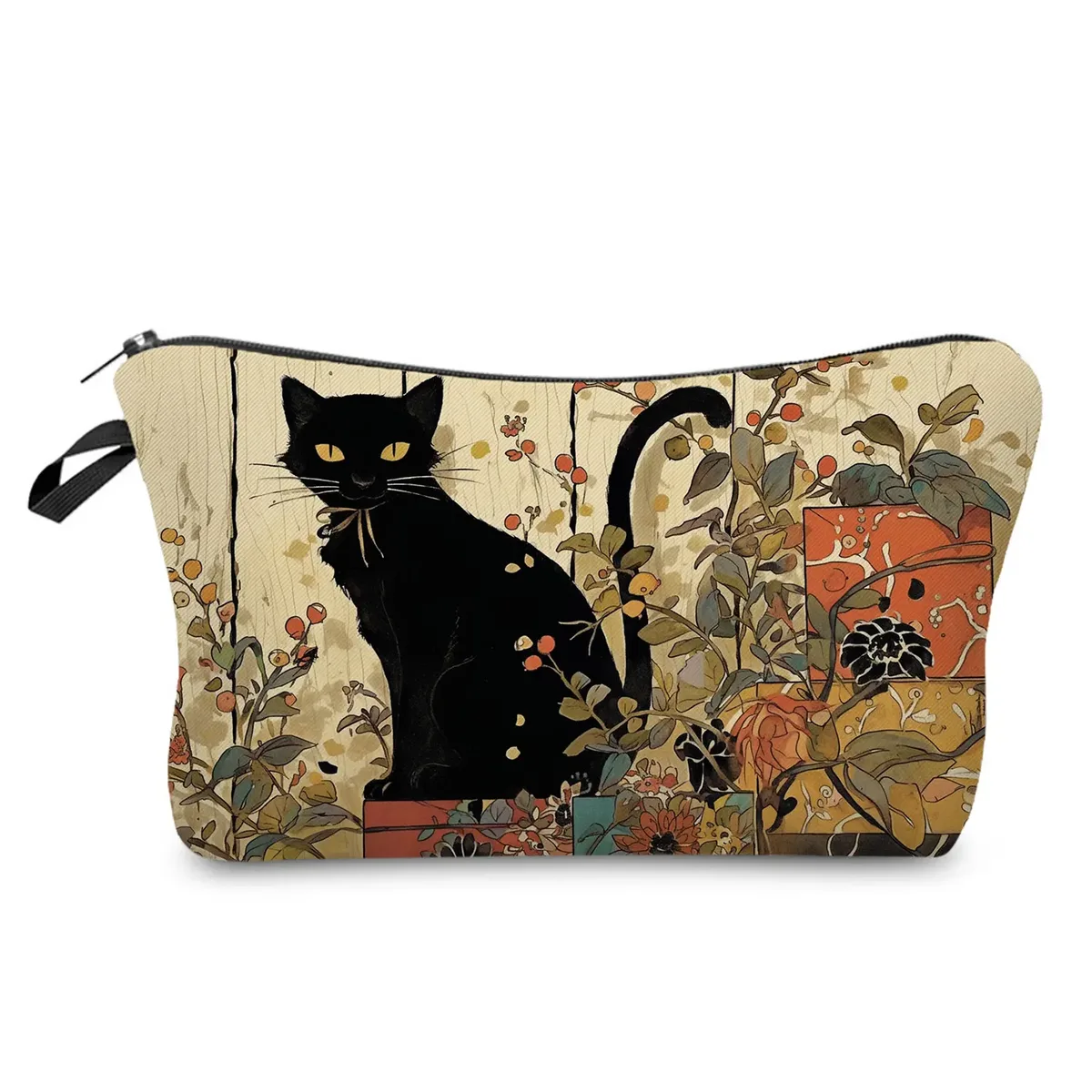 sacs de maquillage college chat noir pour femmes, sacs de rangement portables de voyage, impression d'animaux kawaii décontractés, sacs à cosmétiques double face avec fermeture éclair