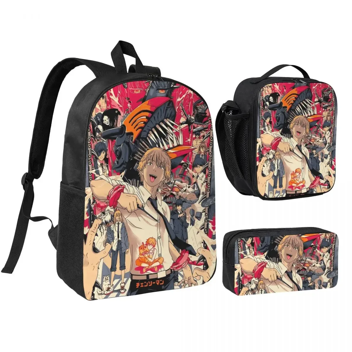 anime tronçonneuse homme 3pecs/ensemble sac à dos pour étudiant ordinateur portable sac à bandoulière sac à déjeuner trousse à crayons