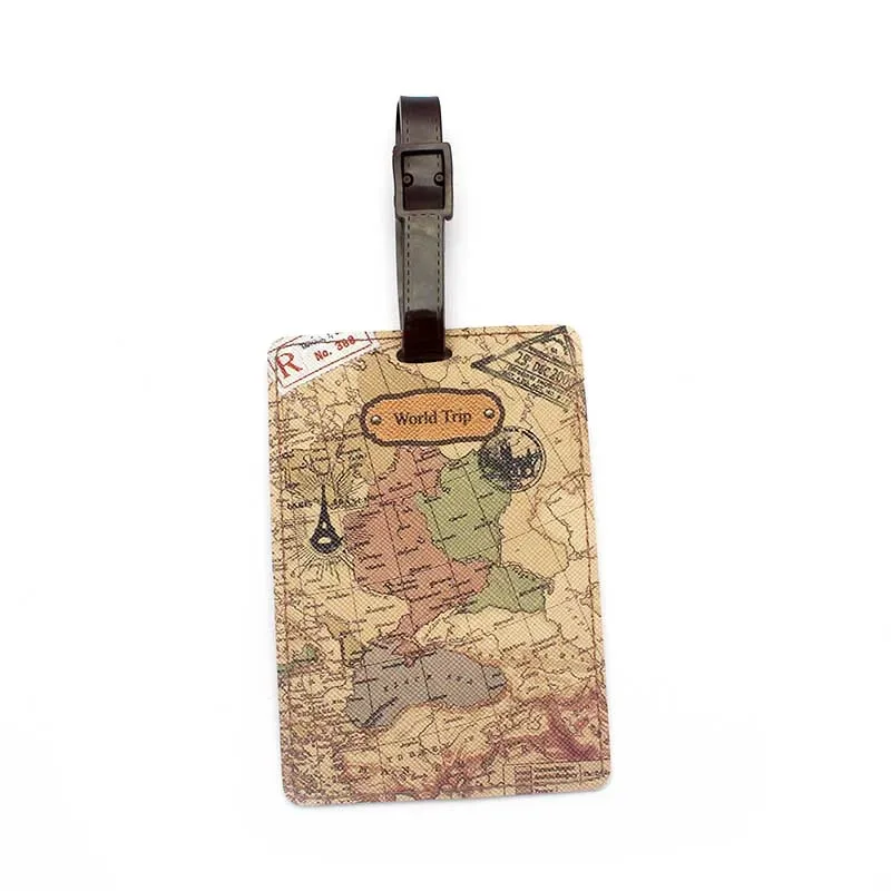 carte du monde créative, accessoires de voyage de haute qualité, étiquette de bagage, porte-carte d'identité de valise en pu, étiquette d'embarquement pour bagages, étiquette portable