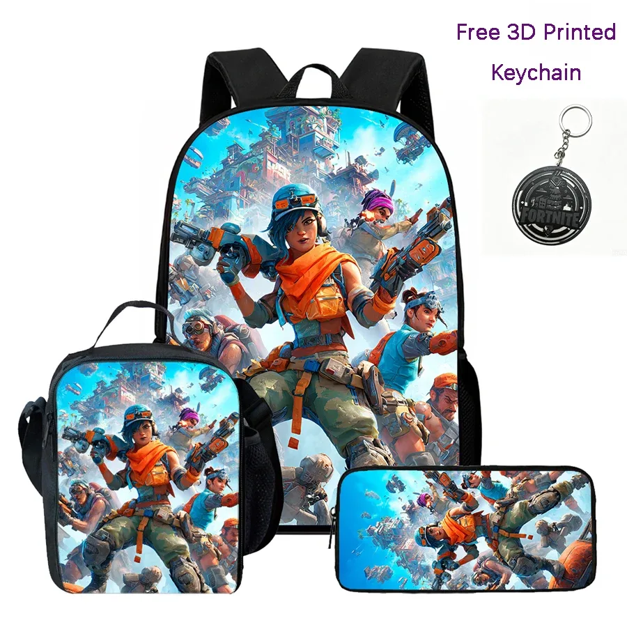 ensemble de 3 sacs à dos pour enfants, sac à lunch et trousse à crayons, sac fortnite à motif de dessin animé, léger pour garçons et filles de 6 à 10 ans, porte-clés imprimé en 3d gratuit