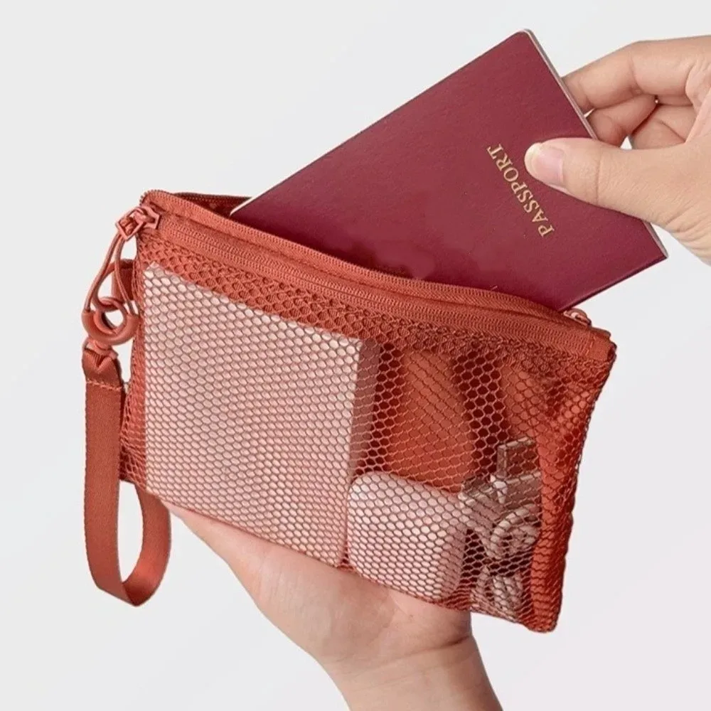 sac de rangement en maille légère, trousse de toilette en polyester avec fermeture éclair, sac à cosmétiques multifonctionnel de couleur unie, utilisation polyvalente