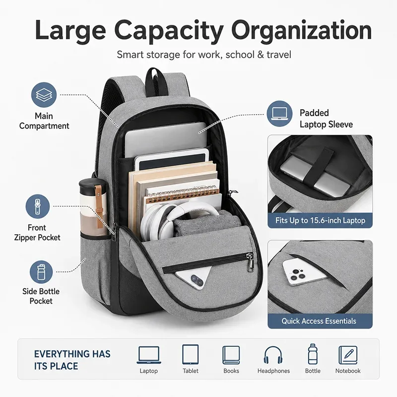 sac à dos léger en nylon pour ordinateur portable, 3 pièces, résistant à l'eau, chargeur usb, unisexe, grande capacité, sac à bandoulière pour l'école et les voyages