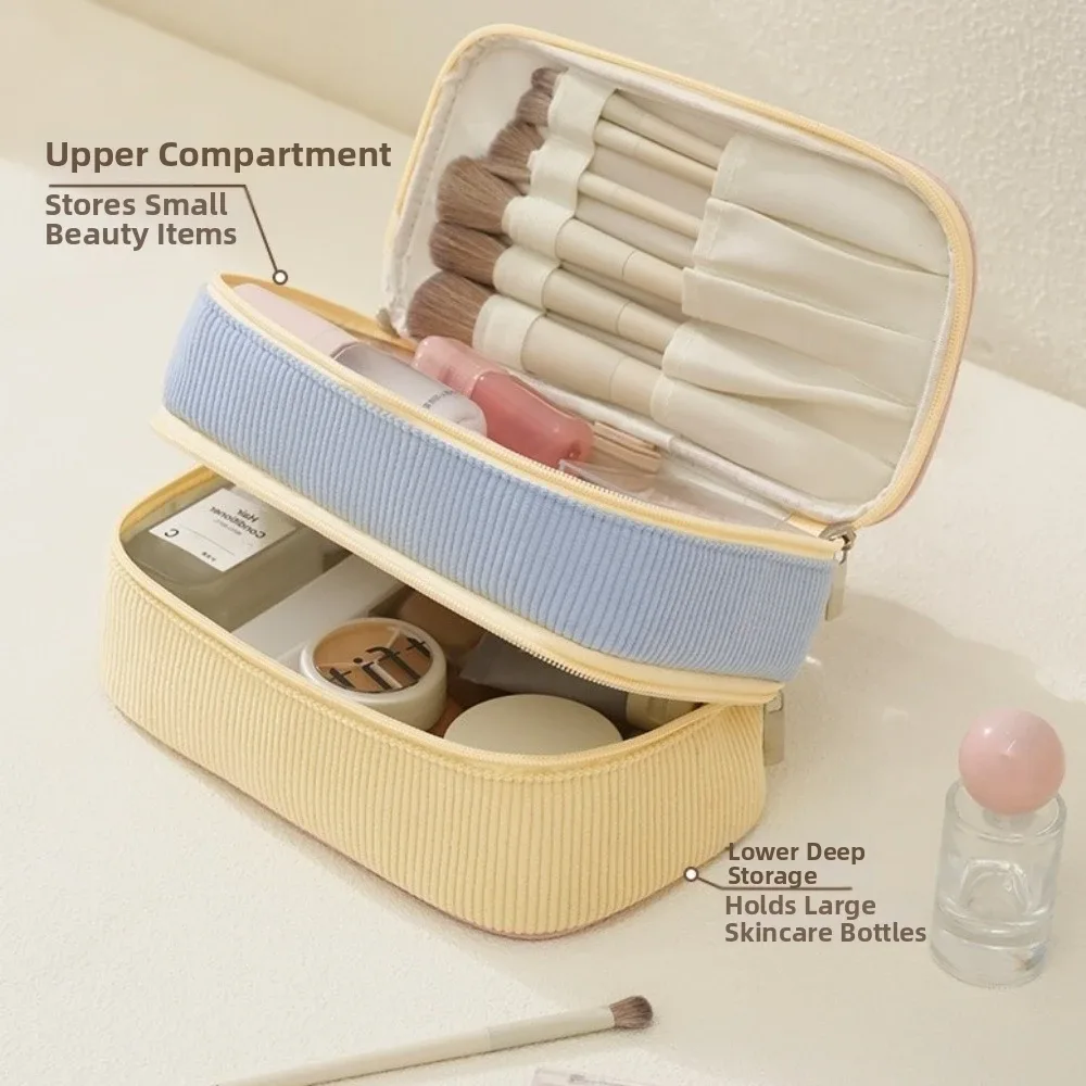 nouvelle trousse de maquillage à double couche de grande capacité, en matériau souple, avec fermeture éclair, sac de rangement portable à main.