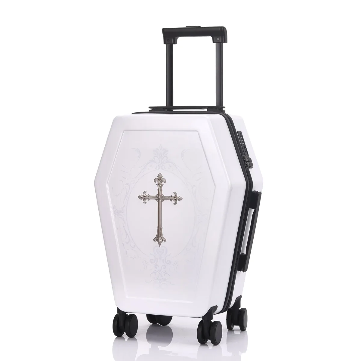 valise de voyage style gothique avec poignée en forme de cercueil pour halloween, boîte à bagages noire tendance rétro, valise personnalisée à code sombre.