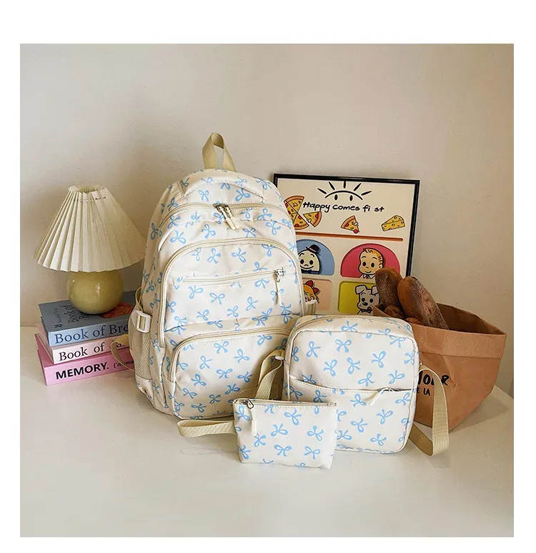 ensemble de 3 sacs à dos mignons avec nœuds, grand sac à dos scolaire, sac à dos de voyage décontracté polyvalent, sac bandoulière pour filles