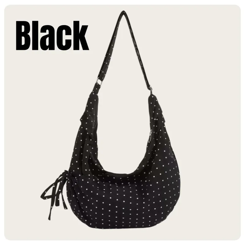 sac à bandoulière hobo de style coréen pour femmes, blanc, noir et rouge à pois, en nylon, avec sangle réglable, design à cordon de serrage, léger, grande capacité