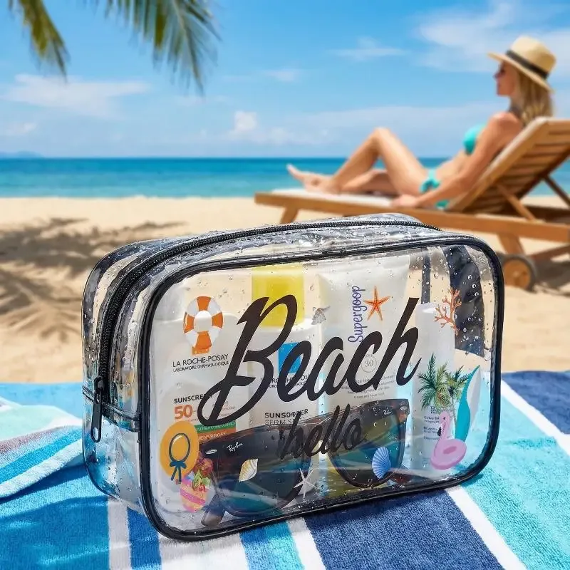 sac à cosmétiques de grande capacité, transparent, style plage, étui de rangement portable pour maquillage, pour voyage et travail