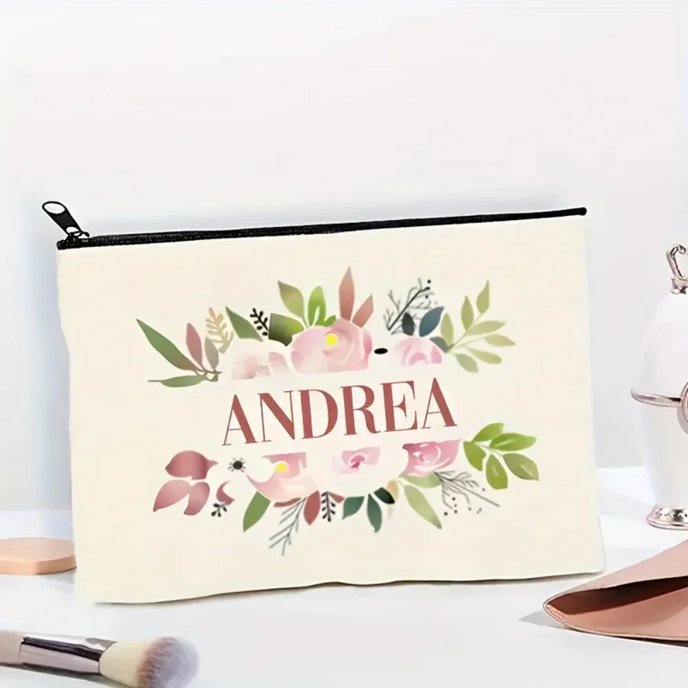 sac de maquillage personnalisé avec nom/texte, pochette à cosmétiques à double face imprimée à fleurs, sacs de rangement pour articles de toilette de voyage, 1 pièce