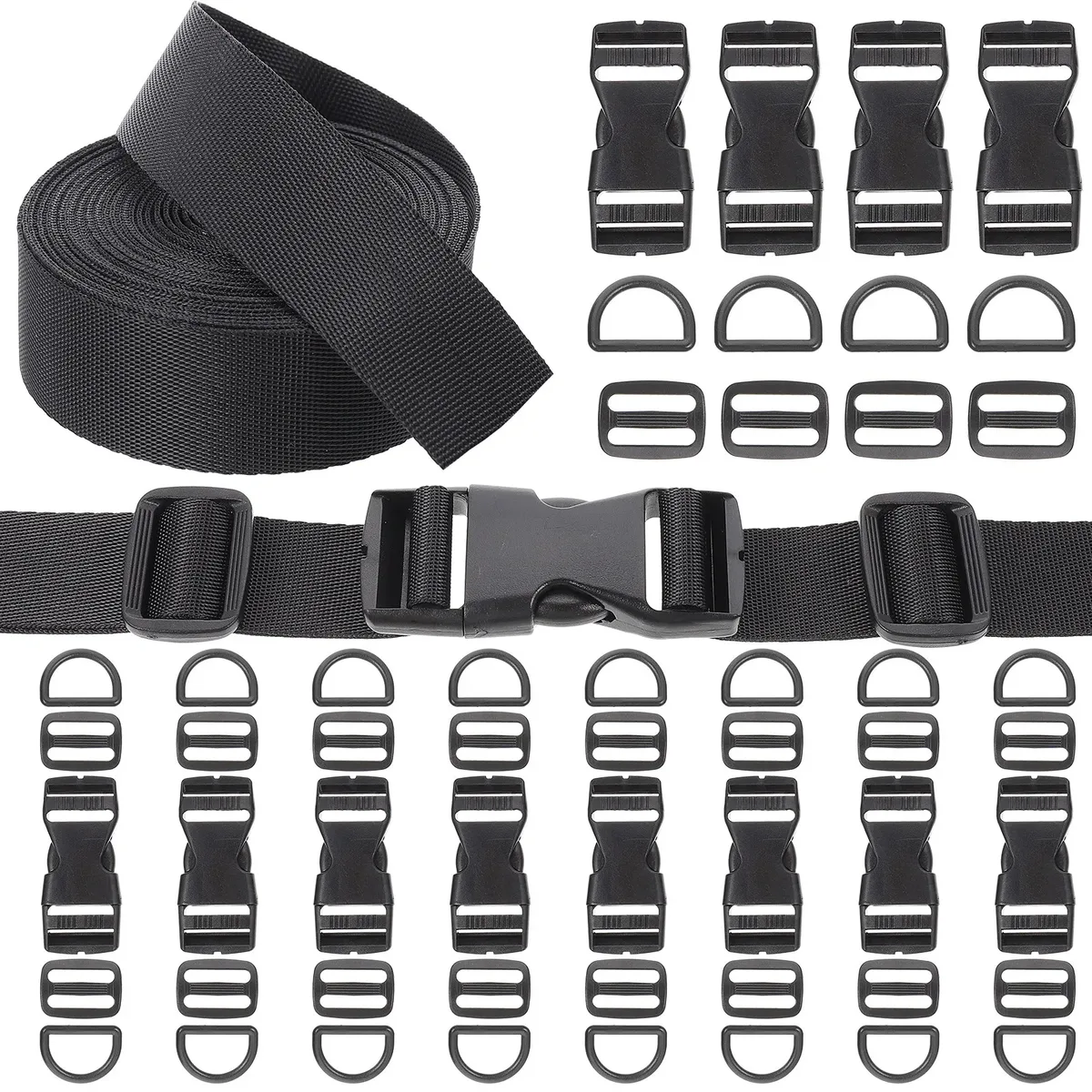 1 ensemble d'accessoires pour sacs : boucles réglables à dégagement rapide, anneaux en d, clips à trois glissières, kit de remplacement de sangle en nylon pour bagages et sacs à dos.