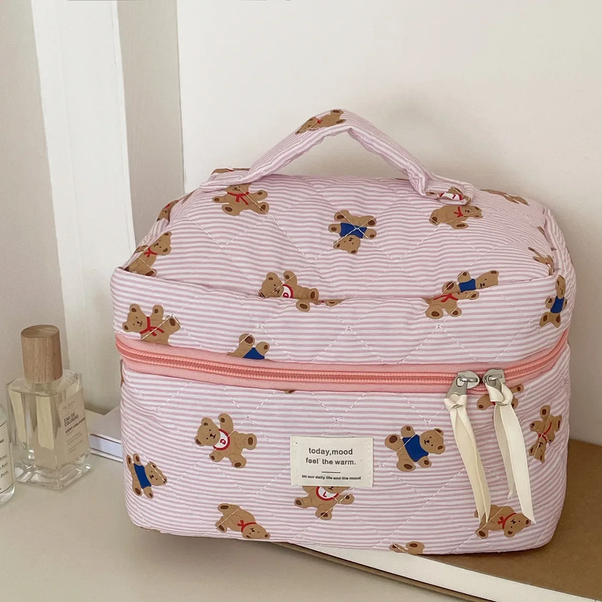 trousse de maquillage ours rayé pour femme, grande capacité, trousse de toilette, trousse de toilette, trousse de toilette, trousse de toilette, trousse de toilette