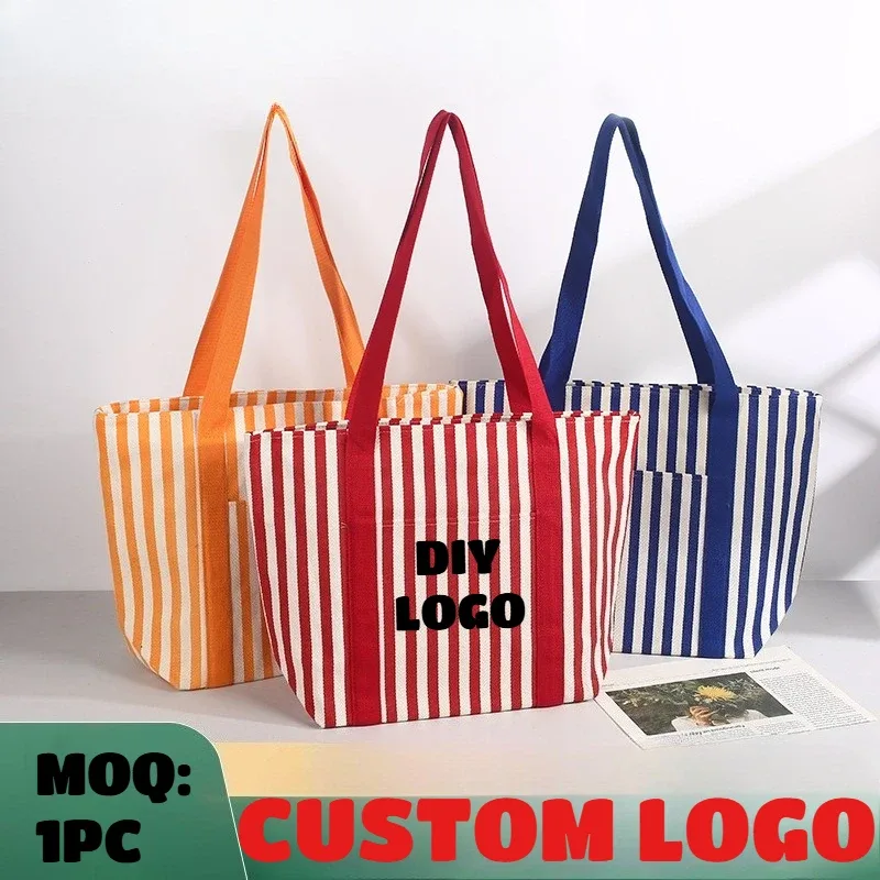 Sac fourre-tout en toile rayé personnalisé avec logo imprimé, simple, grande capacité, portable, pour le shopping, avec texte et image DIY