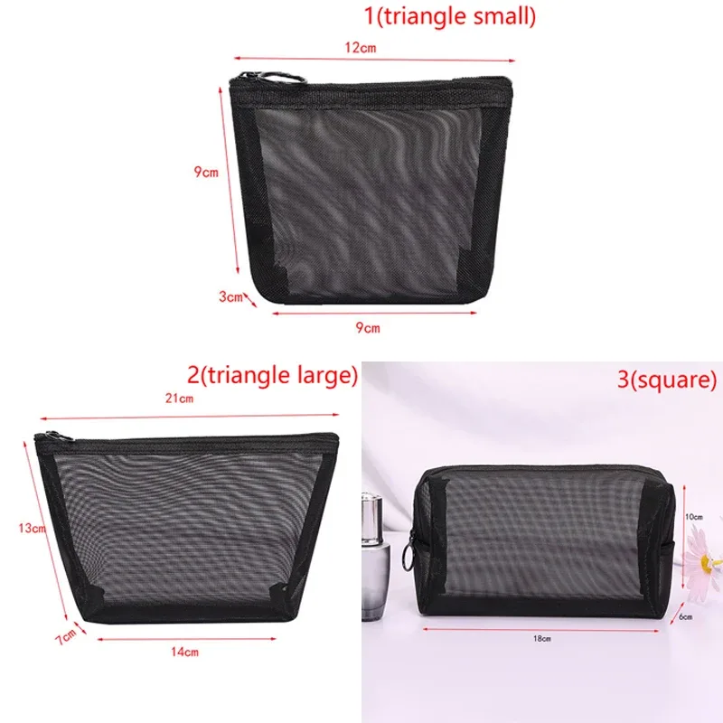 trousse de maquillage en maille transparente noire pour femme, trousse de toilette décontractée à fermeture éclair, trousse à cosmétiques de voyage, 1 pièce