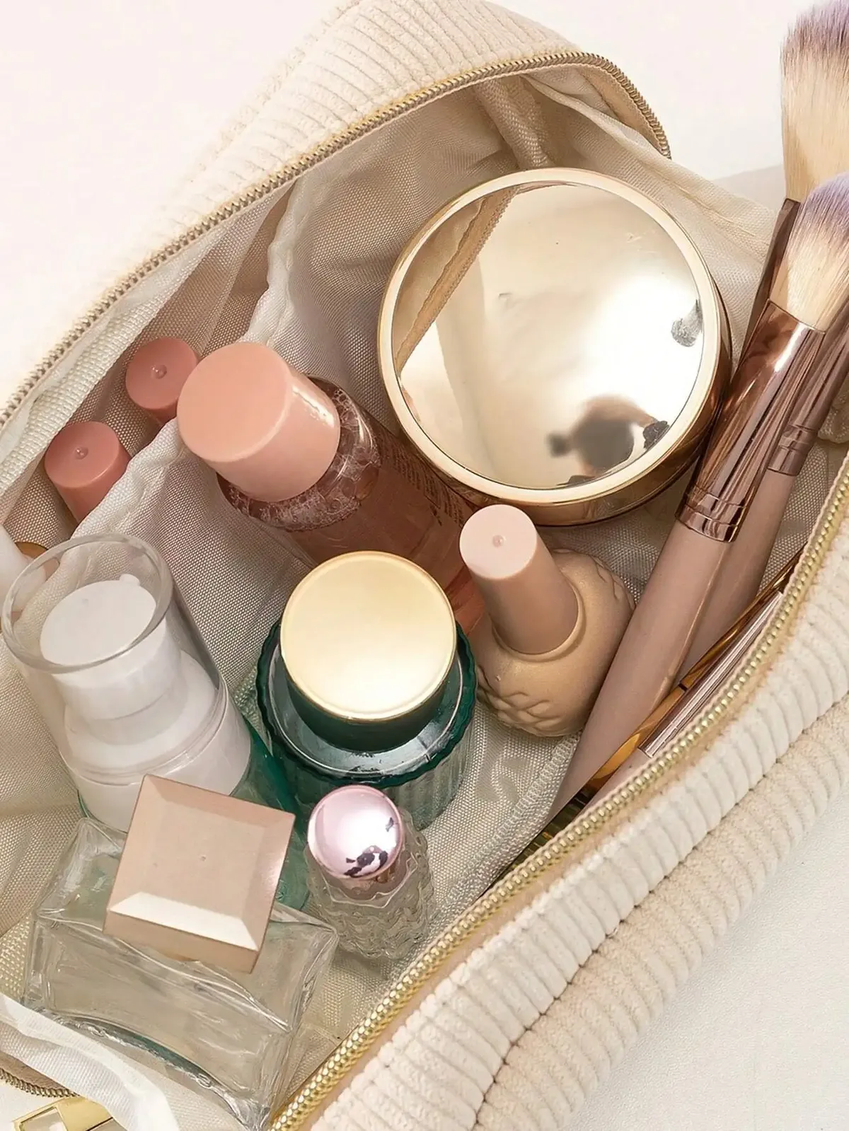 sac de maquillage beige en velours côtelé moelleux, sac à cosmétiques pour filles, organisateur de voyage, rangement de maquillage, sac de lavage pour femmes