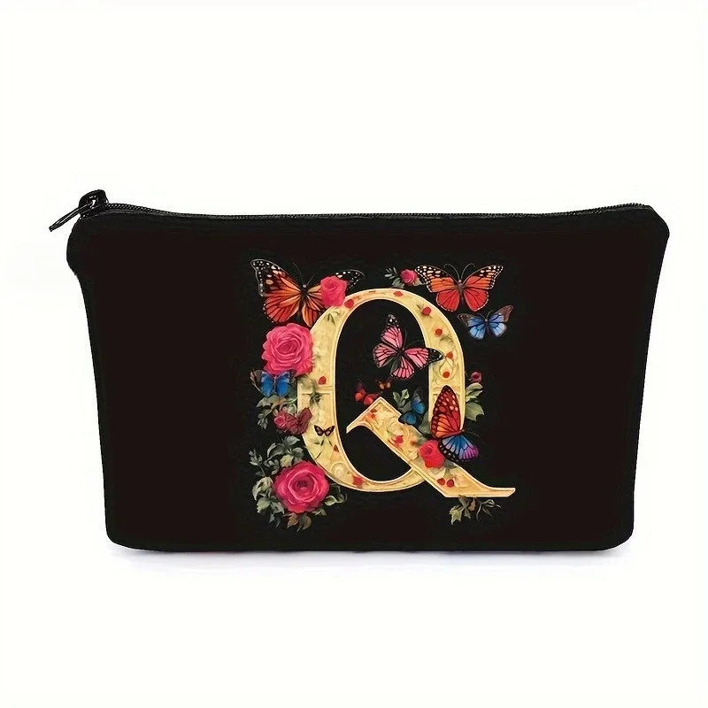 trousse de maquillage noire avec imprimés de 26 lettres de l'alphabet anglais, pochette à cosmétiques, sacs de rangement multifonctionnels