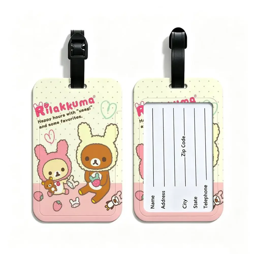 étiquette de bagage de voyage rilakkuma mignonne en dessin animé, étui en pvc pour carte d'information, marqueur de nom anti-perte pour sac à dos.