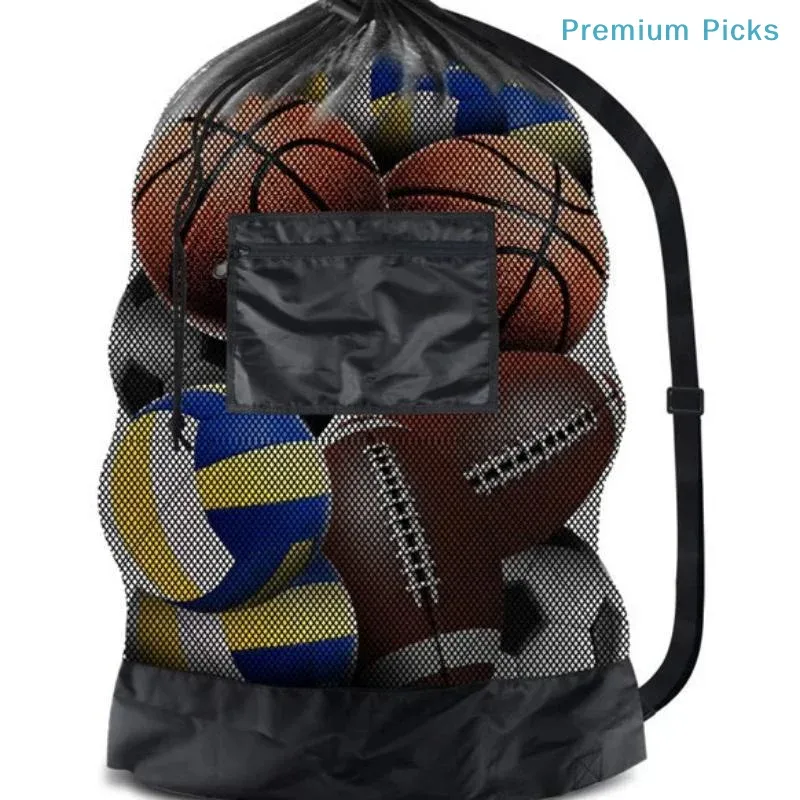 Sac de sport portable 1 pièce, très grand, en maille, avec cordon de serrage et poche zippée, pour le football, le basketball, le volleyball.