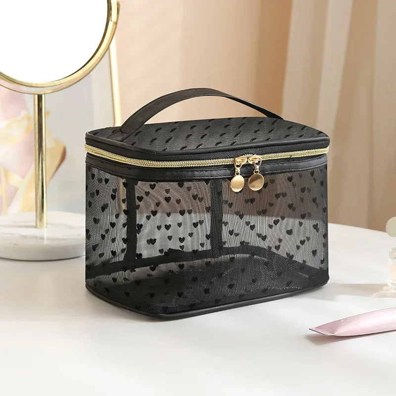 trousse à cosmétiques en maille noire à double couche, trousse de maquillage portable de grande capacité, trousses de toilette à fermeture éclair, trousse de voyage, évaluationstorage, poudres