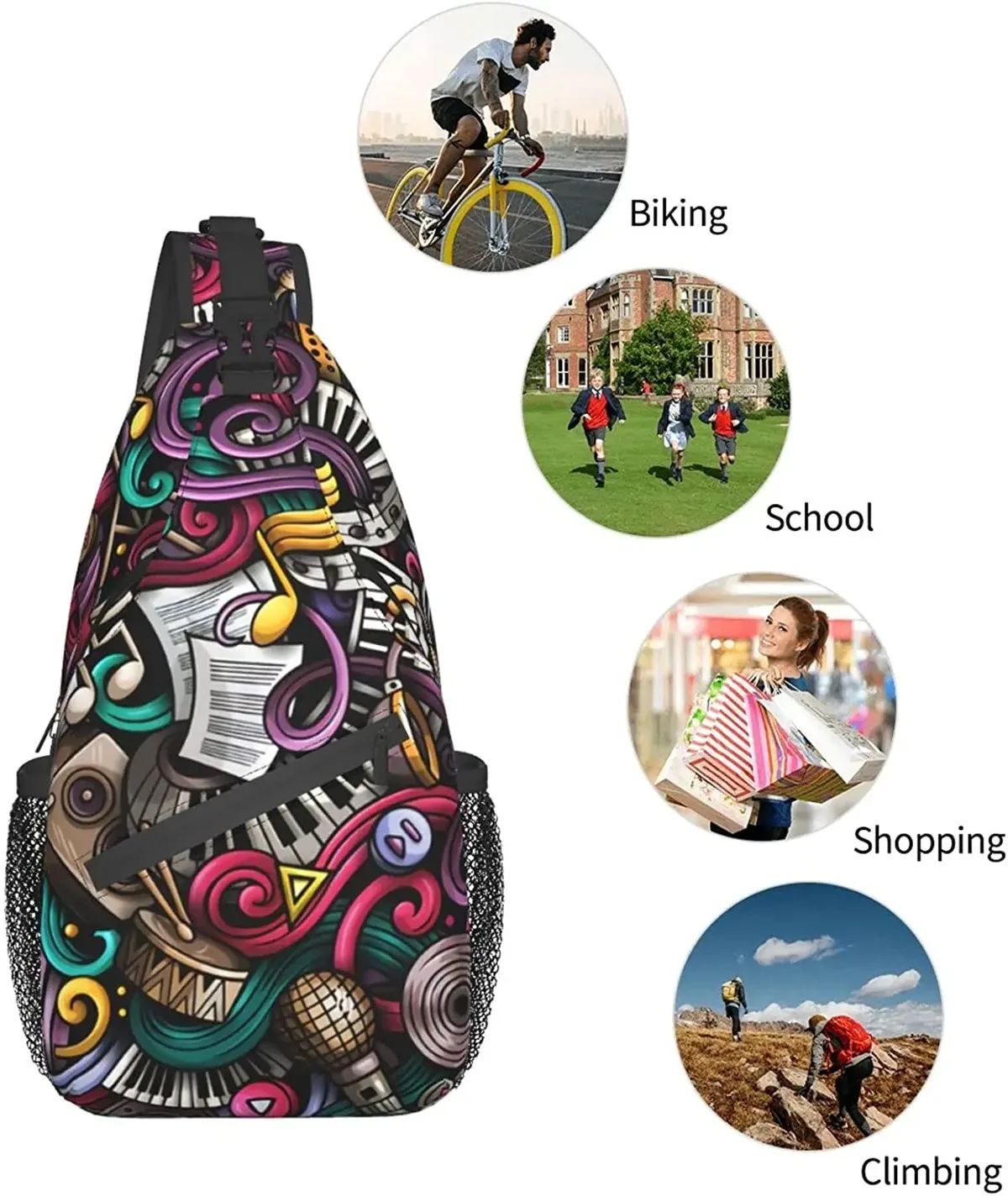 sac à bandoulière musical pour femmes et hommes, proximité de la main, motif sans couture, sacs initiés, sac à dos décontracté, sac de poitrine