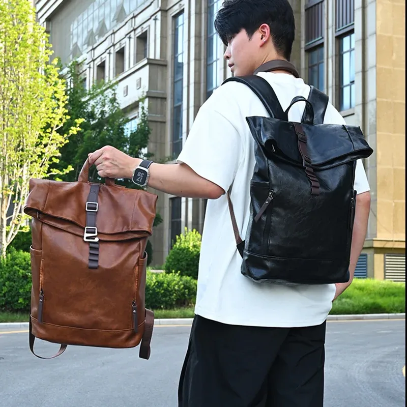 sac à dos en pu pour hommes, grande capacité, voyage en plein air, déplacements, camping, randonnée, sac à bandoulière, voyage d'affaires, ordinateur portable, collège, cartable