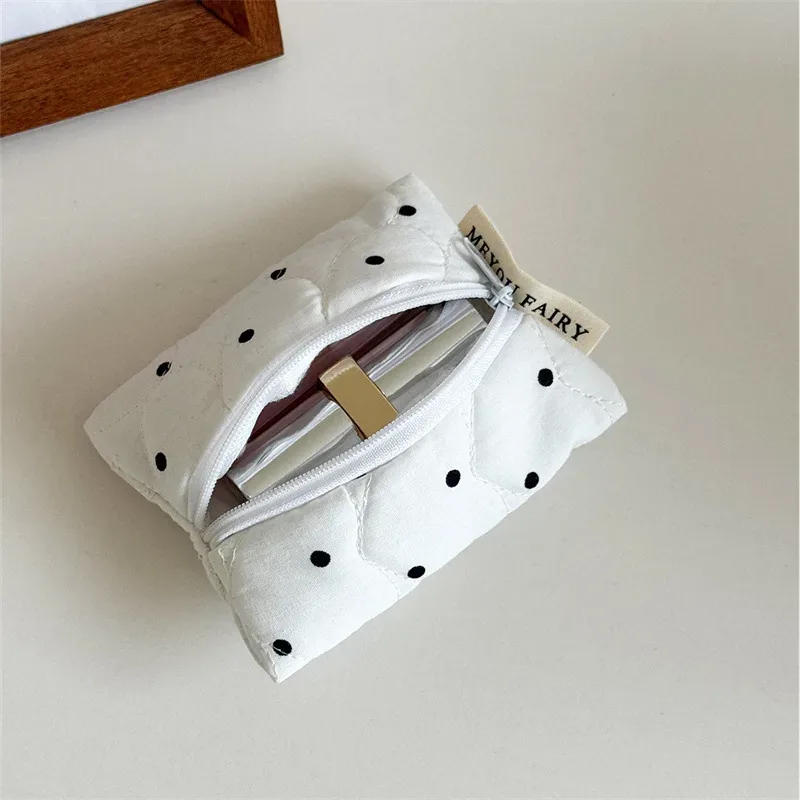 trousse de maquillage matelassée à pois pour femmes et filles, petite et grande brosse à rouge à lèvres, pochette cosmétique, mini portefeuille portable, porte-monnaie