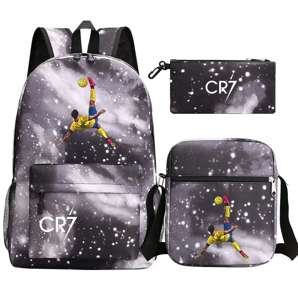 football star cr7 3 pièces garçon fille retour à l'école livre sacs, étudiant sac à bandoulière porte-crayon sac à dos, adolescents mochila hommes femmes