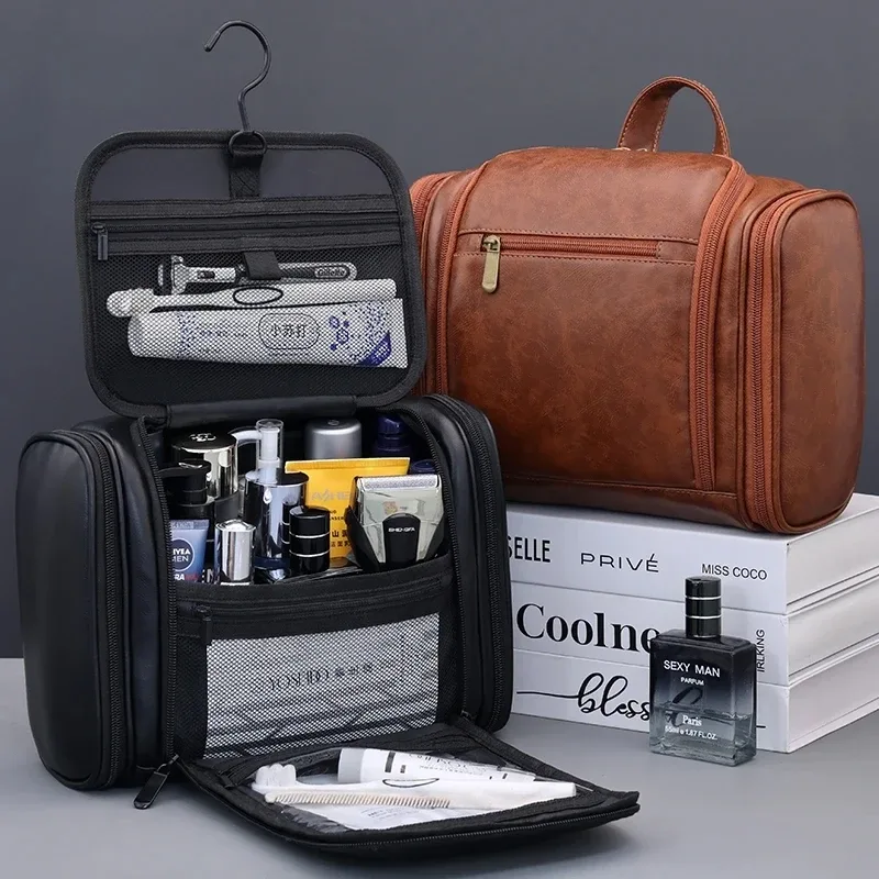 Grande trousse de maquillage en cuir PU, organiseur de cosmétiques de voyage, pochette de toilette multifonctionnelle, étui de rangement imperméable pour unisexe