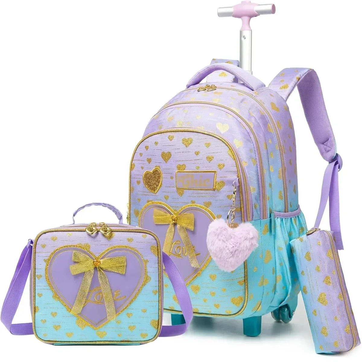 ensemble de sac à dos à roulettes pour enfants avec boîte à lunch, sac à dos scolaire à roulettes, sac à dos trolley pour filles