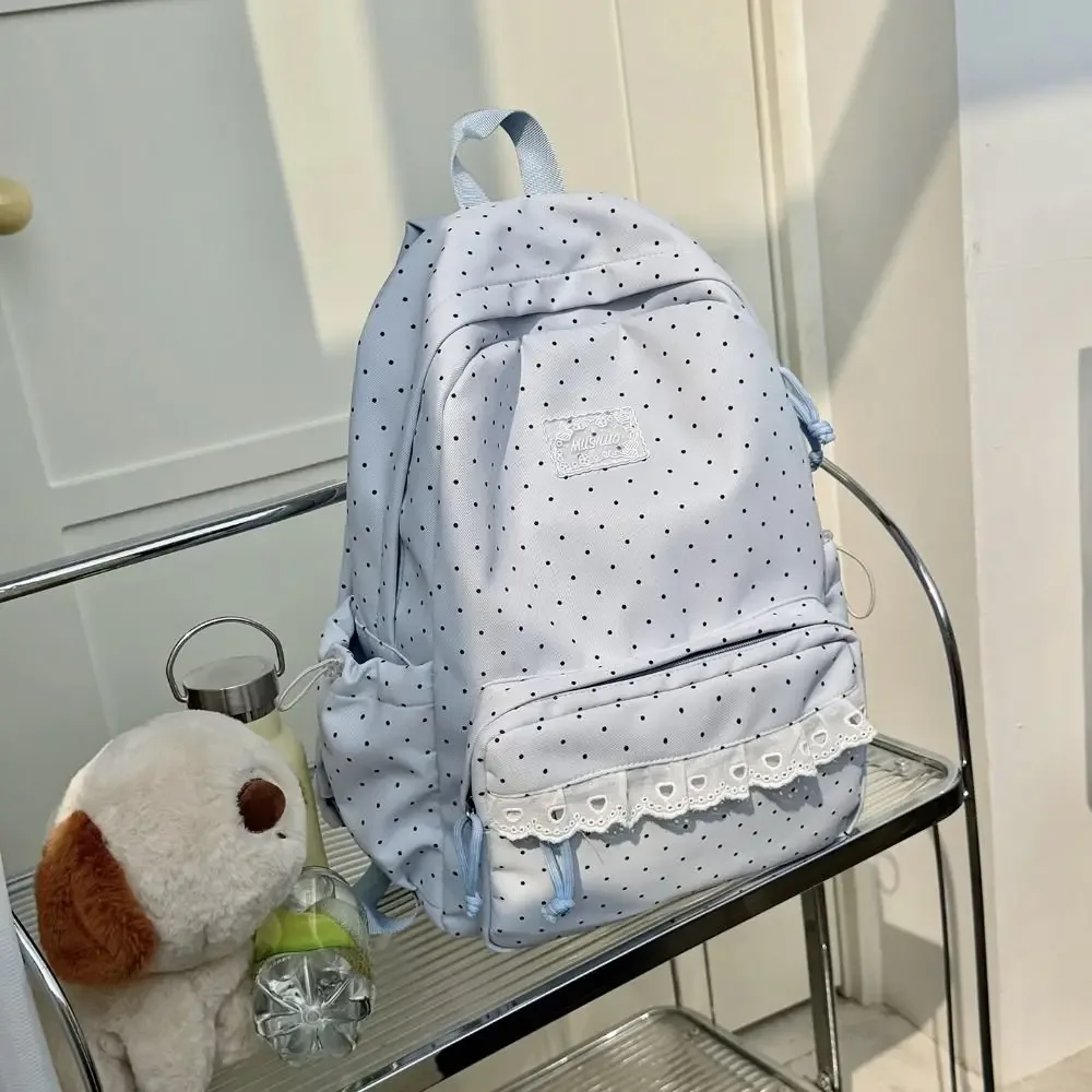 sac à dos à pois élégant avec nœud minimaliste et bordure en dentelle, grande capacité, léger, pour étudiants, école et voyage