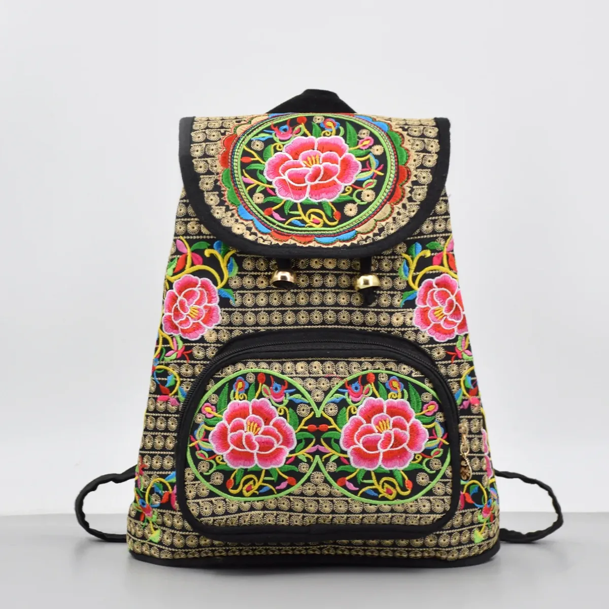 sac à dos vintage en toile brodée florale, sac à dos ethnique décontracté pour filles avec plusieurs poches, cartable à rabat, sac de voyage pour dames