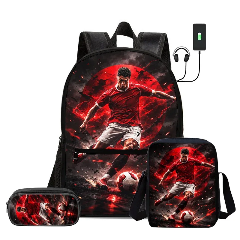 ensemble de 3 sacs à dos avec sac à bandoulière, trousse scolaire pour enfant, sac à dos ronaldo avec interface usb, sac à dos pour enfants