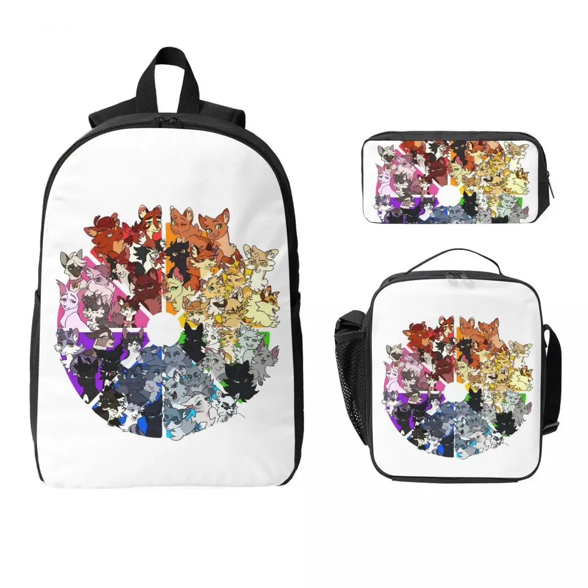 guerrier chats couleur roue sac à dos étudiant garçons filles bookbag sac d'école ordinateur portable sacs à bandoulière 3ps sac à déjeuner isolé trousse à crayons