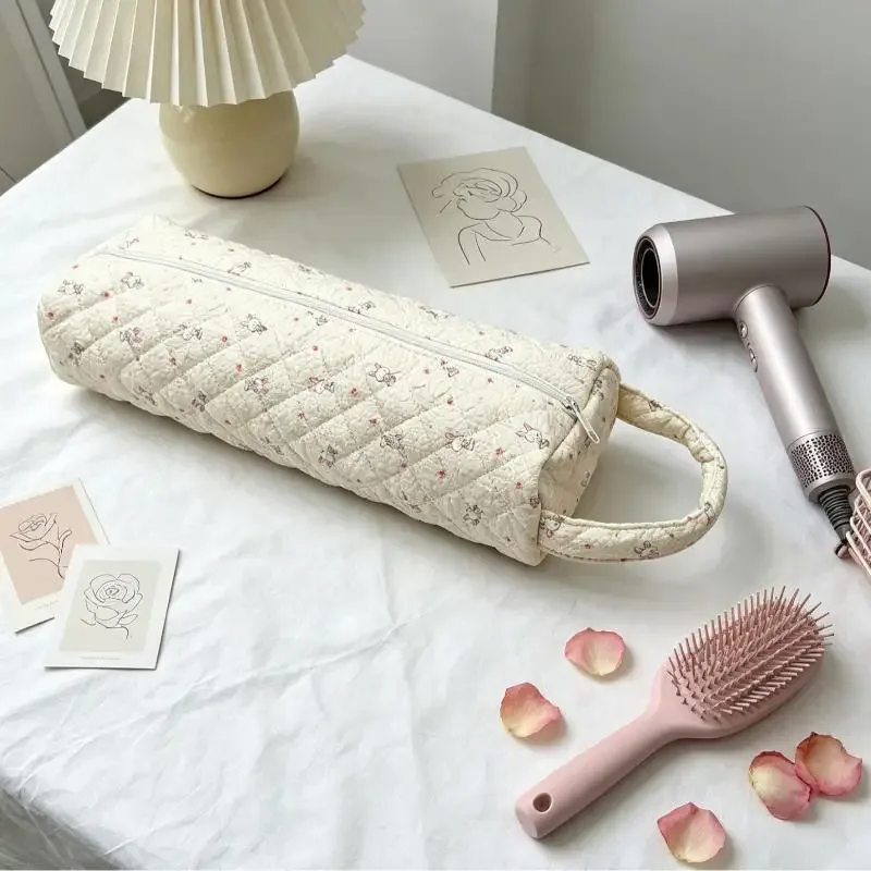 sac de rangement matelassé pour sèche-cheveux avec imprimé floral mignon, poignée portable, grande capacité, étui de transport pour voyage, organisateur de salle de bain
