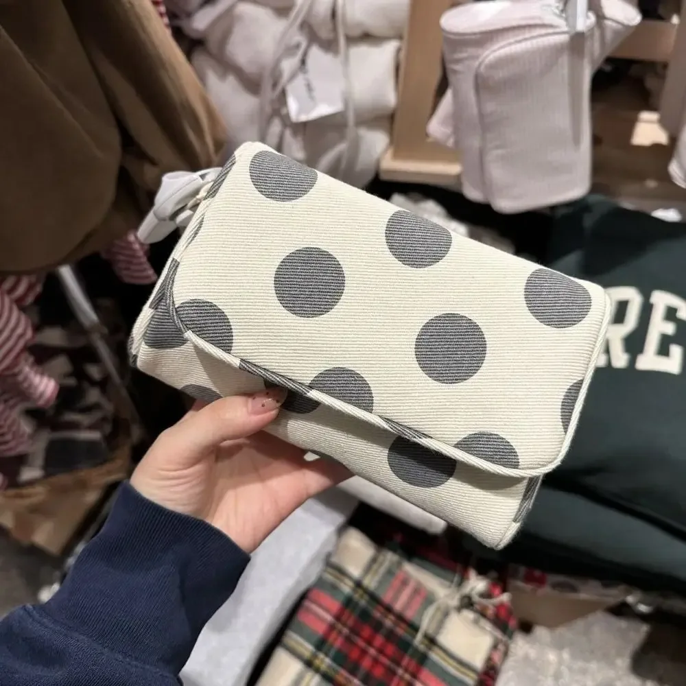 sac à cosmétiques portable en toile à pois, sac de rangement pour bijoux à rayures de grande capacité avec miroir de maquillage multifonctionnel