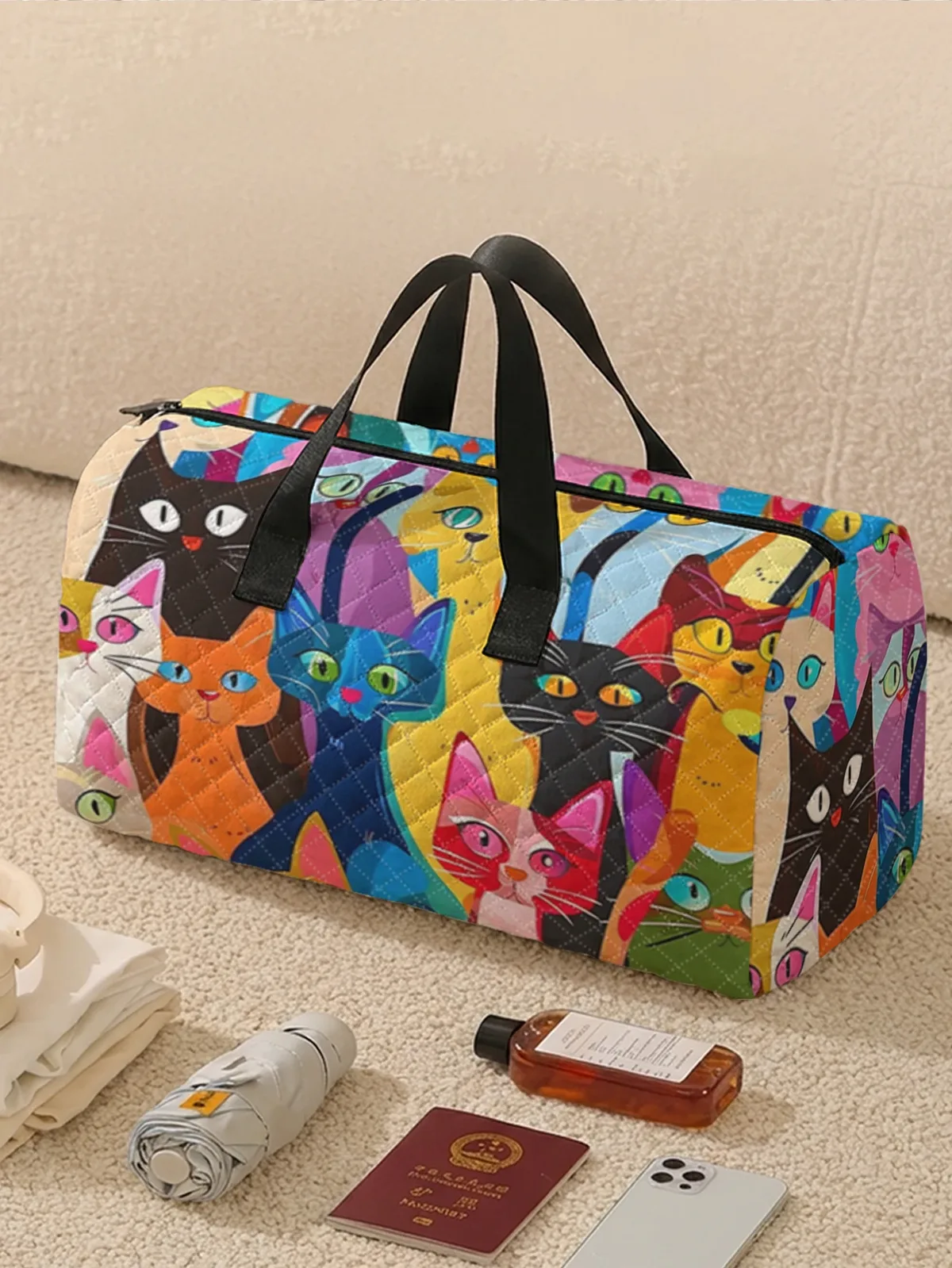 sac de sport imprimé chat de dessin animé coloré et mignon, 2 styles, sac à main portable adapté aux voyages de week-end, aux sports et aux courses, 1 pièce