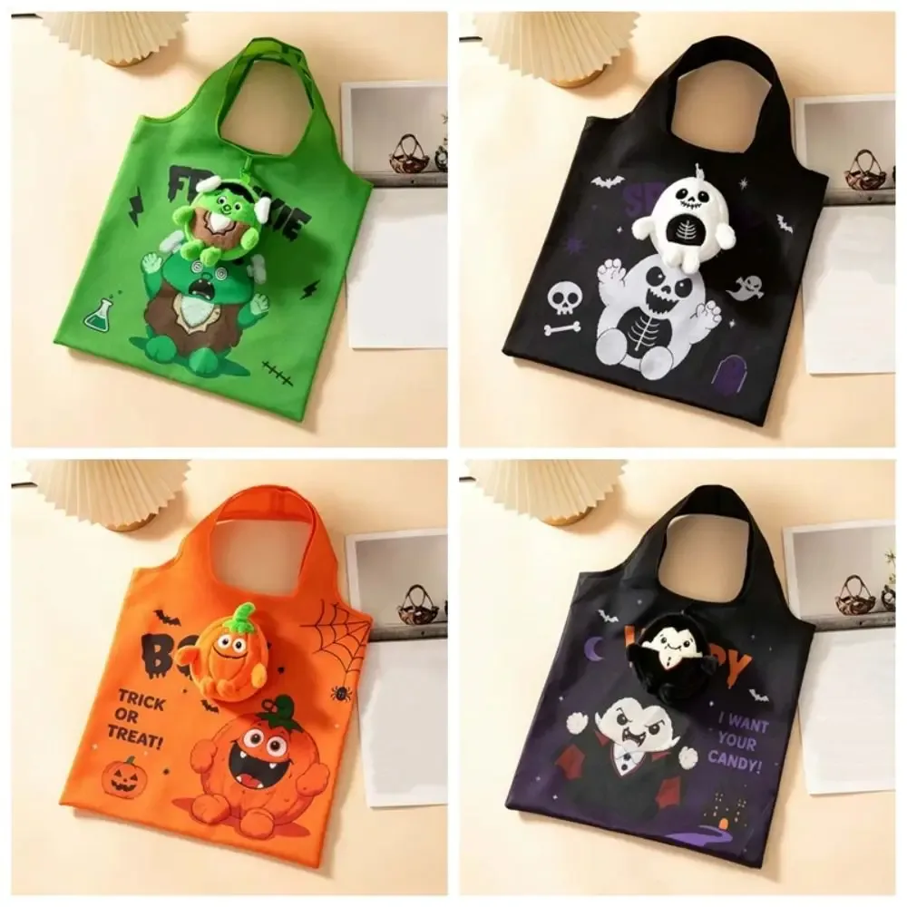 sac fourre-tout d'épicerie halloween couleur unie, mini pochette 2-en-1 compacte, résistante aux déchirures, avec motif de dessin animé, sac à main de poche