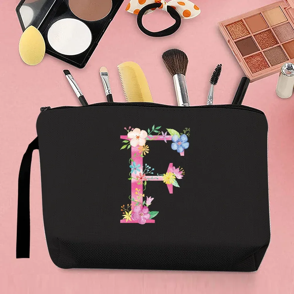 trousse de maquillage pour femmes, trousse de maquillage portable, trousse de maquillage de voyage pratique, sac à main en toile, motif de lettres roses, organisateur de bijoux