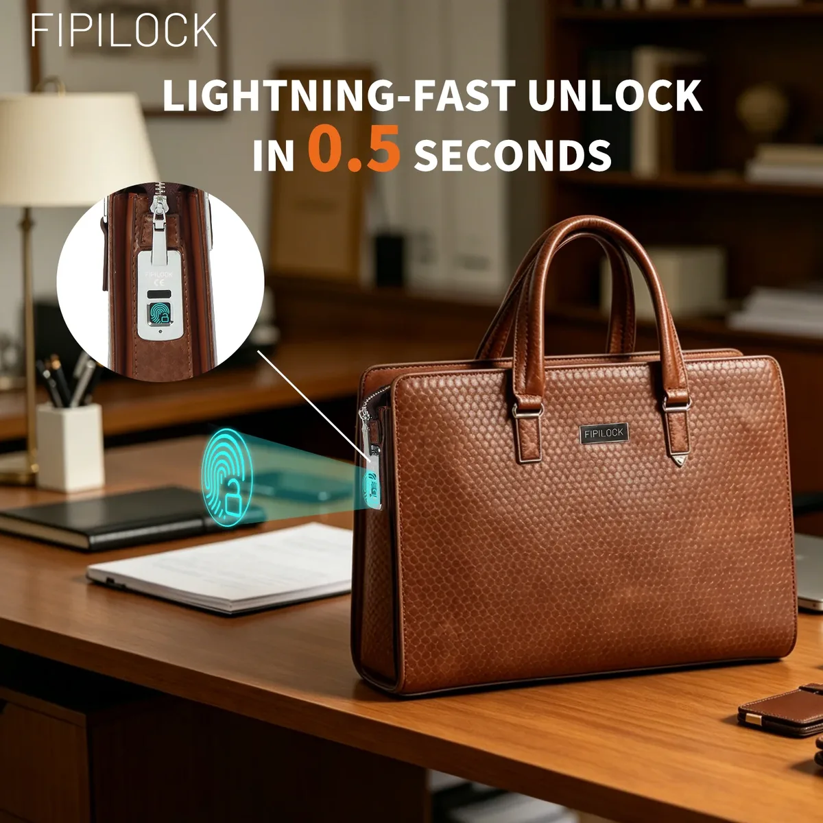 fipilock – sacoche pour ordinateur portable en cuir, porte-documents rigide pour hommes, sacs à main de luxe avec déverrouillage intelligent par empreinte digitale, sac d'ordinateur professionnel